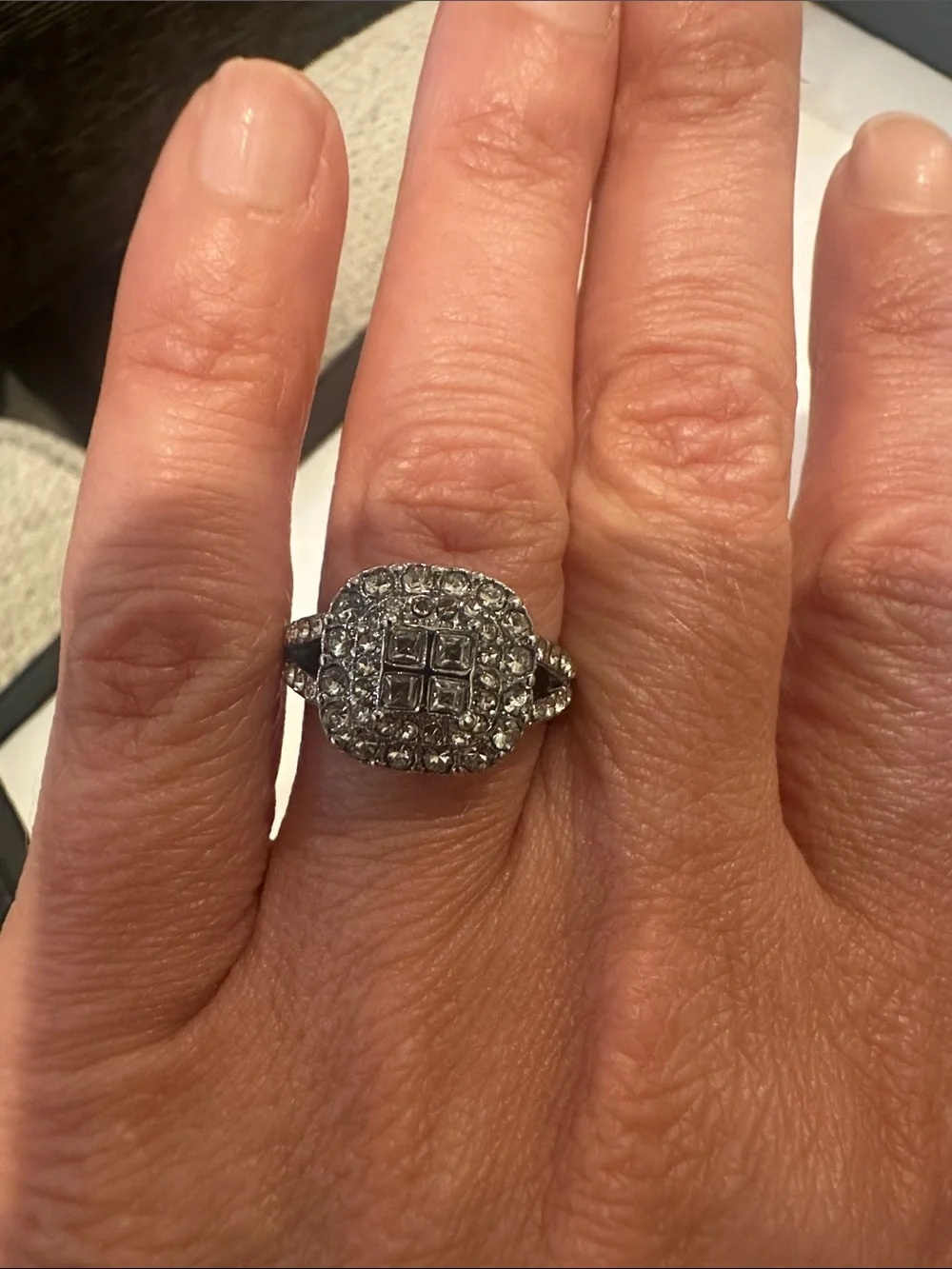 Silver-Tone Halo Cluster Ring with Clear Stones